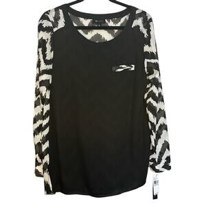 AB Studio NWT Geometric Print Back Blouse, Size M Long Sleeve Tab